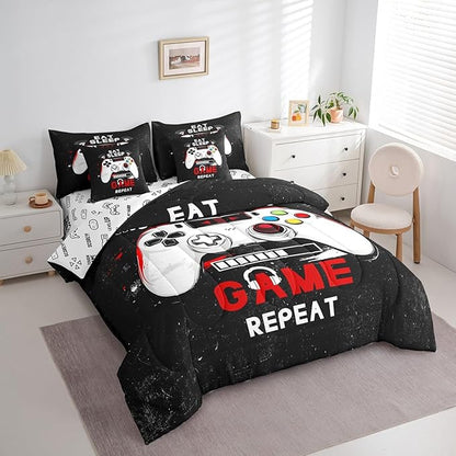 jejeloiu Eat Sleep Game 7 Piece Bedding Set King Size Cartoon Gamer Comforter Set with Sheets for Kids Boys Girls Modern Game Bed in a Bag Black Red Bed Set