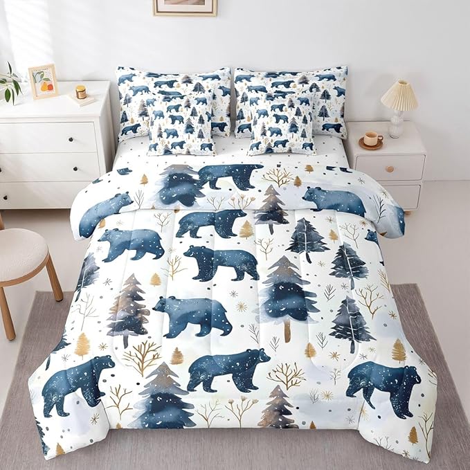 Erosebridal Cabin Bear 7 Piece Comforter Set Full | Wildlife Jungle Hunting Bed in A Bag Wild Animals Farmhouse Sheet Set Winter Snowflakes Pine Trees Fitted Sheet Breathable Lightweight