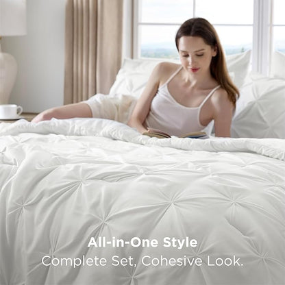 Bedsure Twin Comforter Set White - Bed in a Bag Twin Size Bedding 5 Pieces, GentleSoft™ Pintuck Bed Set Gift for Family, Pinch Pleat White Comforter with Sheets, Pillowcase & Sham