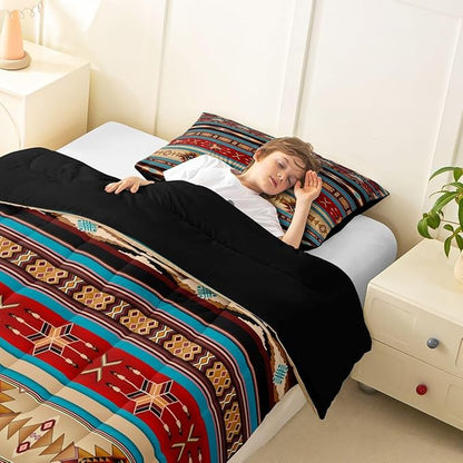 Aztec Bedding Set Ethnic Tribal Arrow Comforter Set,Vintage Southwestern Native Bohemian Quilt Twin,Western Star Duvet Insert Exotic Geometric Diamond Stripes Room Decor,Red Blue Dark Brown