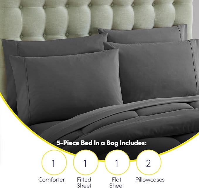 Sweet Home Collection 5 Piece Comforter Set Bed in a Bag Solid Color All Season Soft Down Alternative Blanket & Luxurious Microfiber, Twin XL, Gray