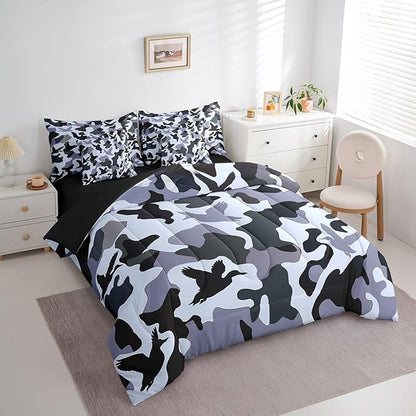 Erosebridal Farmhouse 7 Piece Comforter Set King Size Camo Bedding for Kids Boys Men Army Camouflage Hunting Bed in A Bag Sheet Set Vintage Blue Grey Room Decor Wild Animal Duck Hunting Bed Set