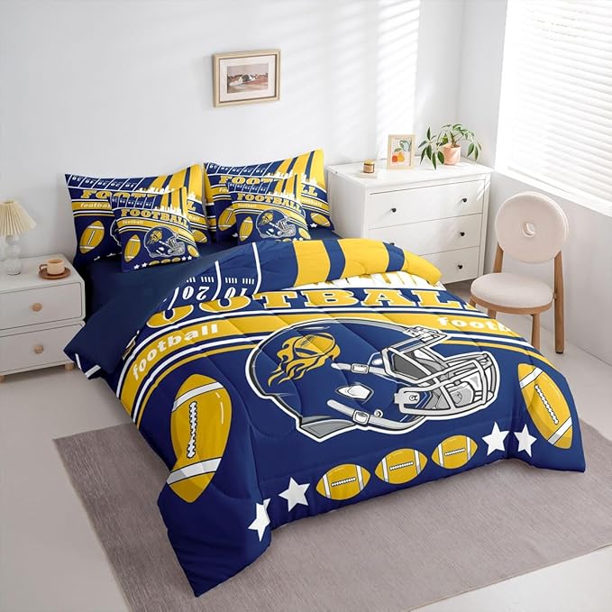 Feelyou Football 7 Pieces Comforter Sets Full Size Kids Rugby Sports Bedding Set for All Season Football City Bed in a Bag with Comforter, Sheets, Pillowcases & Cushion Cover