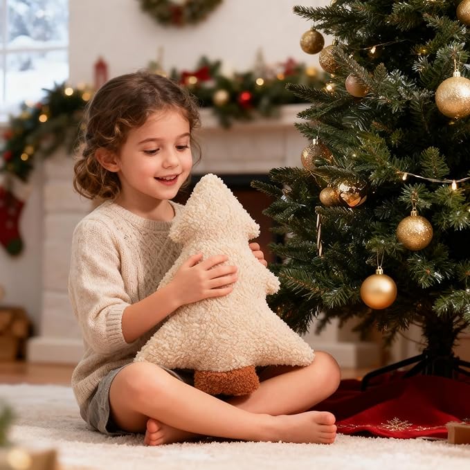 Artmag Christmas Pillows, Decorative Christmas Tree Pillow Stuffed Tree Shaped Plush Pillow for Holiday Party Sofa Living Room Decoration (15.5" x 14.5", Beige)