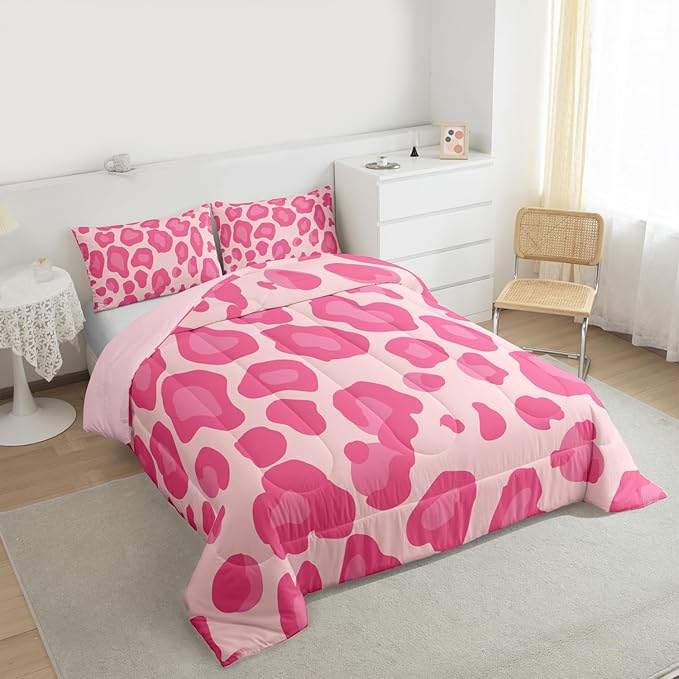 Erosebridal Pink Leopard Twin Comforter Set for Kids Boys Girls,African Cheetah Print Bedding Set,Farmhouse Rustic Duvet Insert,Wild Animal Skin Bed Set for All Season