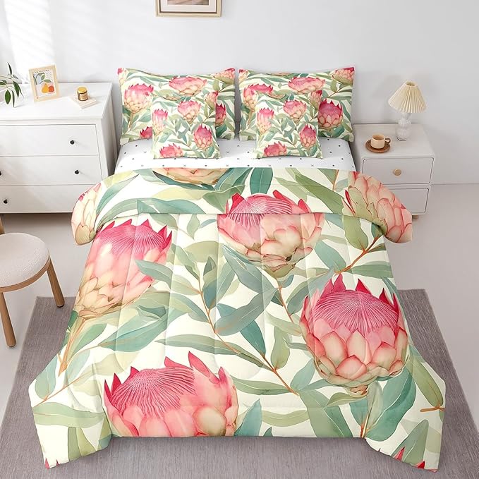 Feelyou Flowers Comforter Set King Size 7 Pieces Florals Bedding Set for All Season Blossom Flowerss Pattern Nature Theme Bed in a Bag with Comforter, Sheets, Pillowcases & Cushion Cover