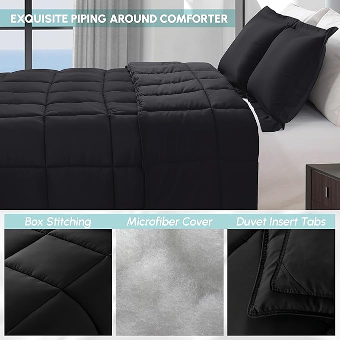 Elegant Comfort 3-Piece Box Stitched Down Alternative Comforter with Shams - Ultra Soft for All Season Duvet Insert with Corner Tabs, Plush Cozy 3PC Comforter Set, Oversize Queen, Black