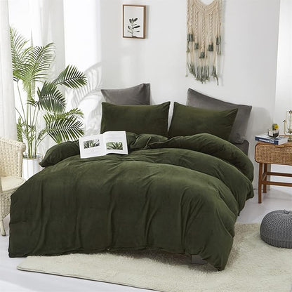 KAREVER Dark Green Velvet Comforter Set Twin Army Green Flannel Velvet Bedding Comforter Set All 3 PCs Shaggy Soft Warm and Durable Flannel Blanket Twin XL