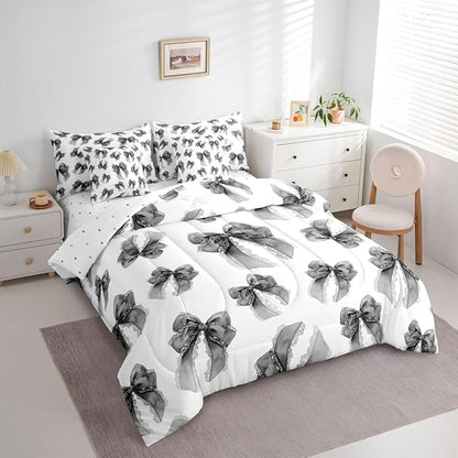 Erosebridal Bowknot Girls Kawaii Black 7 Piece Bedding Set Twin | Dreamy Comforter Set with Sheets Cute Bow Bed in A Bag Lace Princess Bed Sets