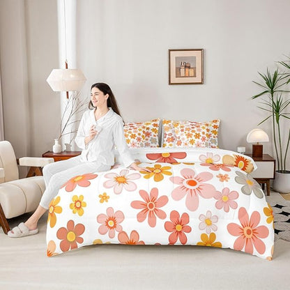 Erosebridal Groovy Flower 7 Piece Comforter Set Full | Vintage Floral Bed in A Bag Geometric Hippie Garden Funky Sheet Set Breathable Lightweight Pastoral Style Fitted Sheet Reversible