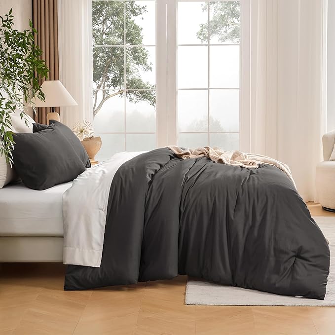 Andency Dark Grey King Size Comforter Set, 3 Pieces Boho Solid Bedding Comforter Set, Soft Cozy Lightweight Reversible All Season Warm Microfiber Bed Blanket Quilt Sets for Men Women (104x90Inch)