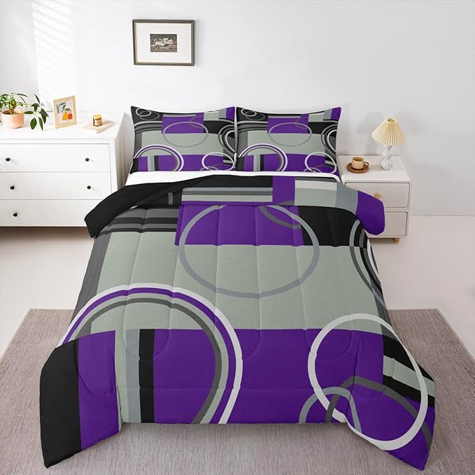 Abstract Swirls Comforter Set Queen Modern Purple Black Grey Bedding Circles Stripes Quilt Set Geometric Square Duvet Insert Curved Lines Down Comforter Modern Texture Bedding Comforter Sets