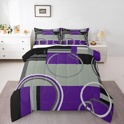 Abstract Swirls Comforter Set Queen Modern Purple Black Grey Bedding Circles Stripes Quilt Set Geometric Square Duvet Insert Curved Lines Down Comforter Modern Texture Bedding Comforter Sets