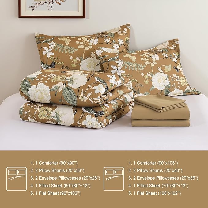Anibedding 7Pieces Floral Queen Size Comforter Set, Garden Plant Style Bed in a Bag Brown White Flower Bedding Comforter Set with Pillow Case for Bedroom