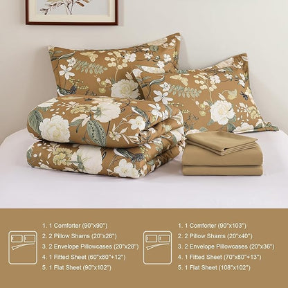 Anibedding 7Pieces Floral King Size Comforter Set, Garden Plant Style Bed in a Bag Brown White Flower Bedding Comforter Set with Pillow Case for Bedroom