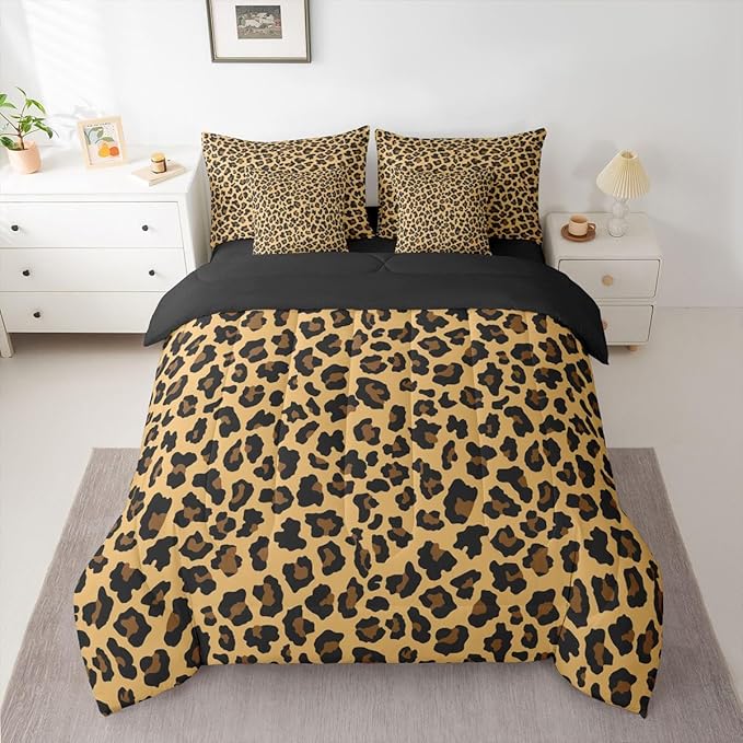 Erosebridal Gold Black Leopard Print 7 Piece Bedding Set Twin | Animal Skin Pattern Comforter Set with Sheets Cheetah Fur Bed in A Bag Women Men Adults Bed Sets