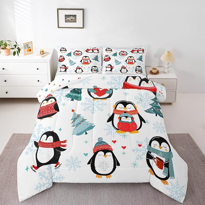 Christmas Tree 3 Pcs Queen Size Comforter Set,Winter Snowflake Happy Xmas Theme Down Alternative Adults Room Decor,Cartoon Penguin Ultra Soft Microfiber Inner Fill 3Pcs Bedding