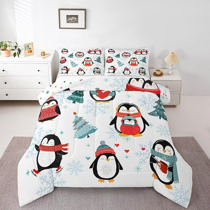 Christmas Tree 3 Pcs Queen Size Comforter Set,Winter Snowflake Happy Xmas Theme Down Alternative Adults Room Decor,Cartoon Penguin Ultra Soft Microfiber Inner Fill 3Pcs Bedding