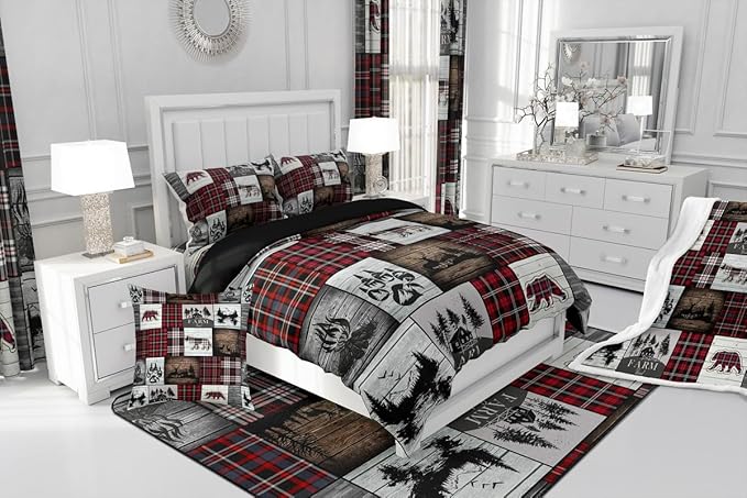 Bear Comforter for Teens Boys Girls Buffalo Plaid Check Bedding Sets for Cabin Camping Wild Farm Animal Elk Deer Duvet Insert Red Christmas Stripes Patchwork Quilt Hunting Theme Quilted Duvet,Twin