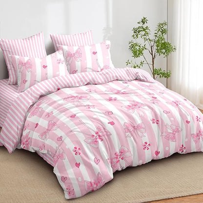 Pink Bow Comforter Set Queen Pink White Striped Bedding Set Girls Coquette Bedding Soft Lightweight Princess Style Comforter with 2 Pillowcases