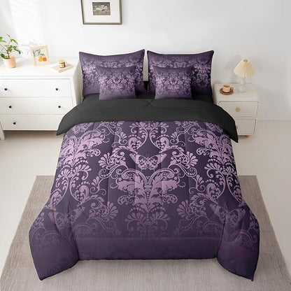 Erosebridal Gothic Damask Bed in a Bag Queen Comforter Set 7 Piece,Butterfly Skull Bedding Sets Purple Victorian Floral Goth Sheet Set with Comforter