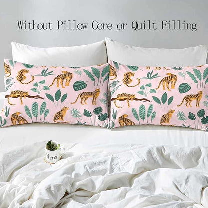 LUVIVIHOME 3PCS Leopard Duvet Cover Full Bedding Set, Boho Aesthetic Palm Leaf Monstera Plant Cactus Botanical Tropical Jungle Safari Animals Cheetah Print Light Pink Comforter Cover, 2 Pillow Cases