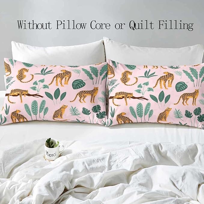 LUVIVIHOME 3PCS Leopard Duvet Cover Queen Bedding Sets, Boho Aesthetic Palm Leaf Monstera Plant Cactus Botanical Tropical Jungle Safari Animals Cheetah Print Light Pink Comforter Cover, 2 Pillow Cases