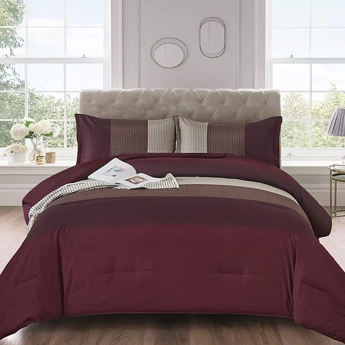 WONGS BEDDING Burgundy Comforter Set King, Reversible Burgundy Stripe Down Alternative Comforter for All Season,3 Pieces(1 Comforter+2 Pillowcases), Soft Microfiber Bedding Duvet Set 104”×90”