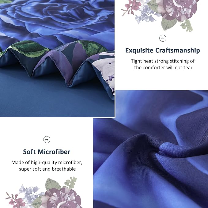 Drucon Blue Floral Comforter Set Queen, 7 Pieces Bed in a Bag Botanical Floral Comforter Soft Microfiber Dark Blue Bedding Set Queen Size Bed with Sheet and Pillowcase