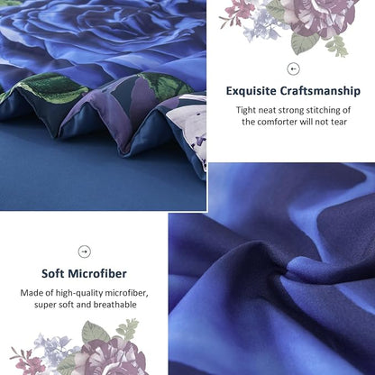 Drucon Blue Floral Comforter Set Queen, 7 Pieces Bed in a Bag Botanical Floral Comforter Soft Microfiber Dark Blue Bedding Set Queen Size Bed with Sheet and Pillowcase