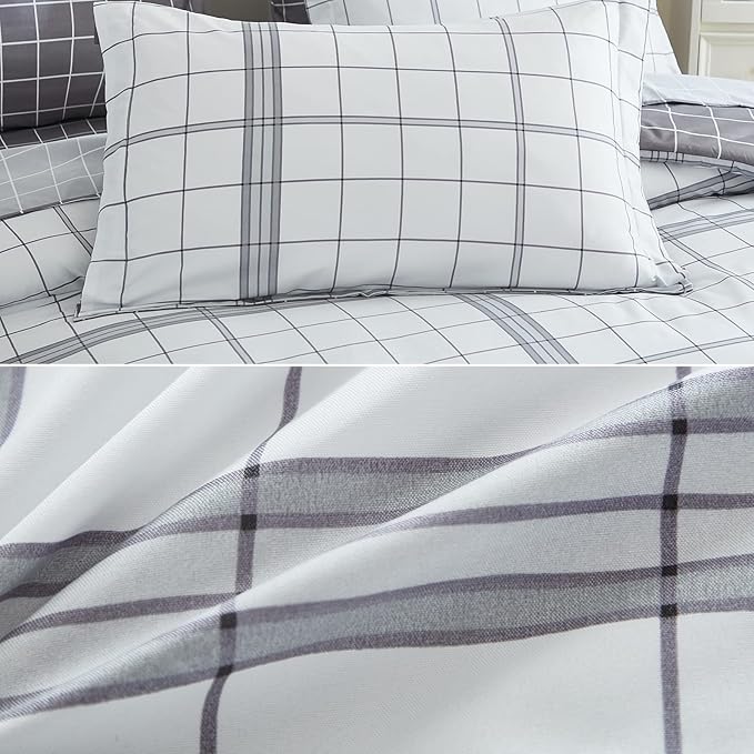 EMME Twin Comforter Set-Bed in A Bag Plaid, 5 Piece Bedding Sets with Black White Comforter, Sheets, Pillowcase&Sham,Soft Microfiber Down Alternative for All Season