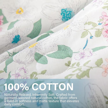King Floral Comforter Set 100% Cotton Comforter 3 Pieces Green Leaves and Pink Floral Bedding Set Lightweight Soft Reversible Bedding for All Season
