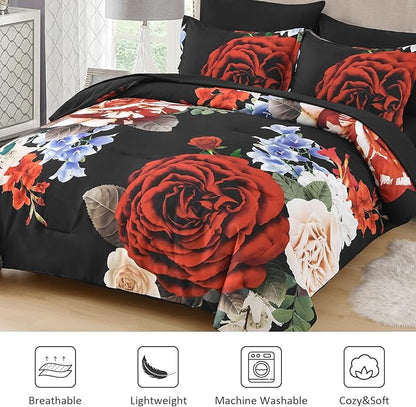 Drucon Queen Comforter Set - 7 Pieces Floral Black Soft Bedding Sets, Queen Bed in a Bag with Botanical Red Flowers Comforter, Sheets, Pillowcases & Shams