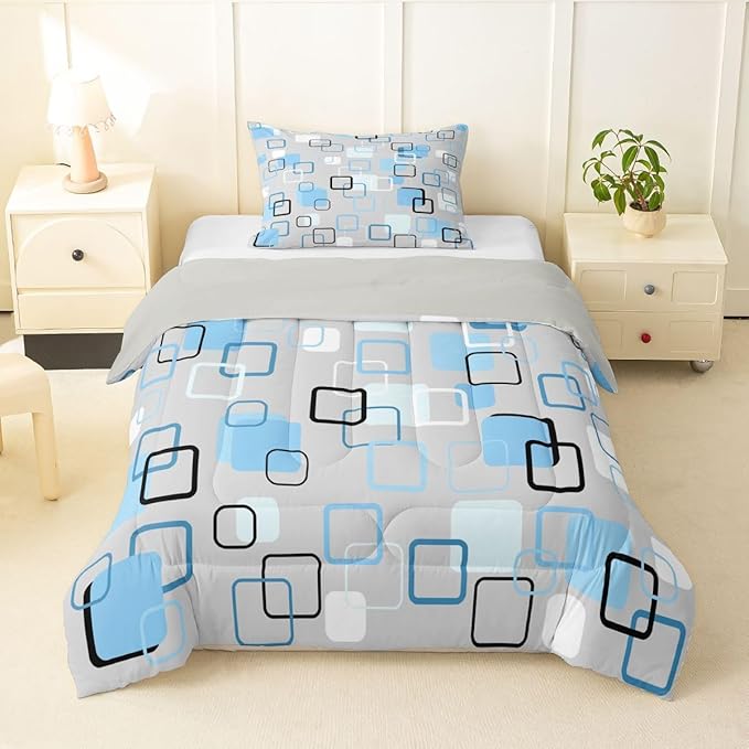 Erosebridal Cool Blue Geometric Square Kids Comforter Sets Abstract Minimalist Stripes Twin Bedding Set for Girls Boys Modern Plaid Comforter Set Checkered Aesthetic Quilt Duvet 2 Pcs