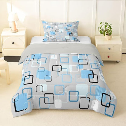 Erosebridal Cool Blue Geometric Square Kids Comforter Sets Abstract Minimalist Stripes Twin Bedding Set for Girls Boys Modern Plaid Comforter Set Checkered Aesthetic Quilt Duvet 2 Pcs