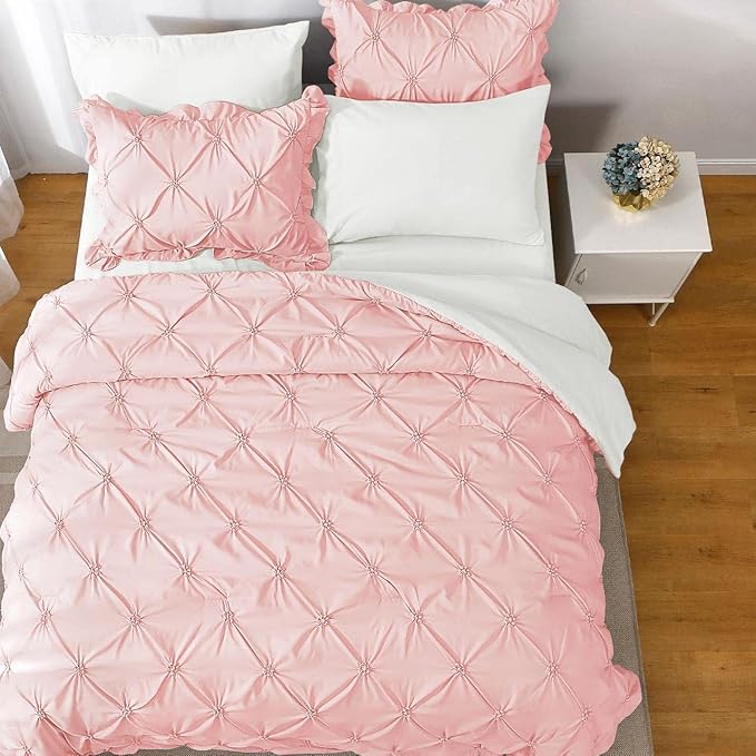 JOLLYVOGUE King Size Comforter Set 7 Pieces, Pink/Ivory Bed in a Bag Comforter Set for Bedroom, Beddding Sets with Comforter, Sheets,Ruffled Shams & Pillowcases