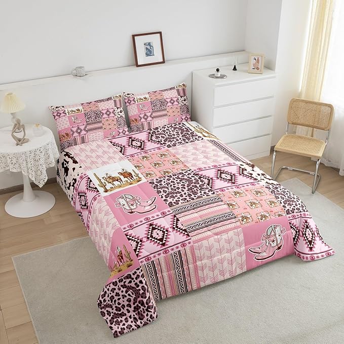 Feelyou Pink Aztec Bedding Set Twin Size, Kids Western Decor Comforter Set Wild West Cowboy Cowgirl Comforter Boho Style Duvet Insert Bed Set 2Pcs