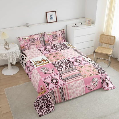Feelyou Pink Aztec Bedding Set King Size, Kids Western Decor Comforter Set Wild West Cowboy Cowgirl Comforter Boho Style Duvet Insert Bed Set 3Pcs
