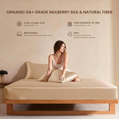 THXSILK Luxury Mulberry Silk Fitted Sheet Set 3 Pcs, Full Silk Bed Sheet Set with 16" Deep Pockets, Soft & Cooling Sheets, 1 Fitted Sheet, 2 Pillowcases with Zipper Closure - Champagne