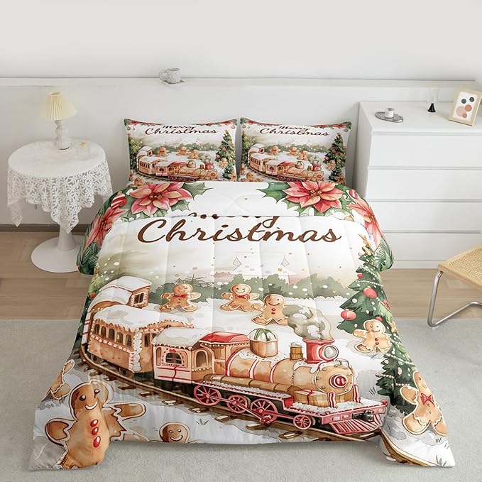 Christmas Train Comforter Set Full Size,Gingerbread Men Bedding Sets 3Pcs for Kids Girls Boys Women Room Decor,Xmas Tree Down Comforter Merry Christmas Quilted Duvet,2 Pillowcases