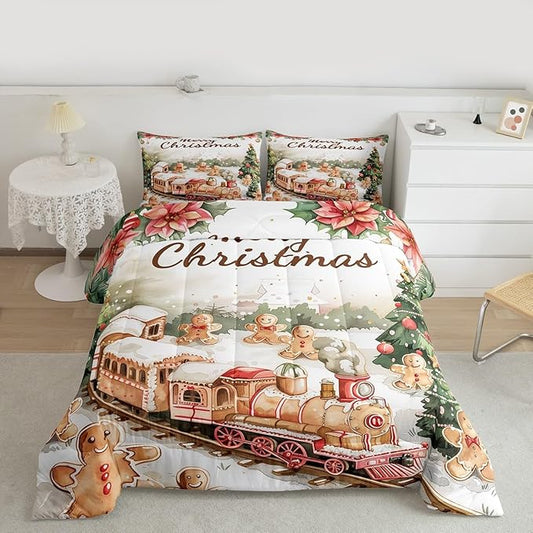 Christmas Train Comforter Set Full Size,Gingerbread Men Bedding Sets 3Pcs for Kids Girls Boys Women Room Decor,Xmas Tree Down Comforter Merry Christmas Quilted Duvet,2 Pillowcases