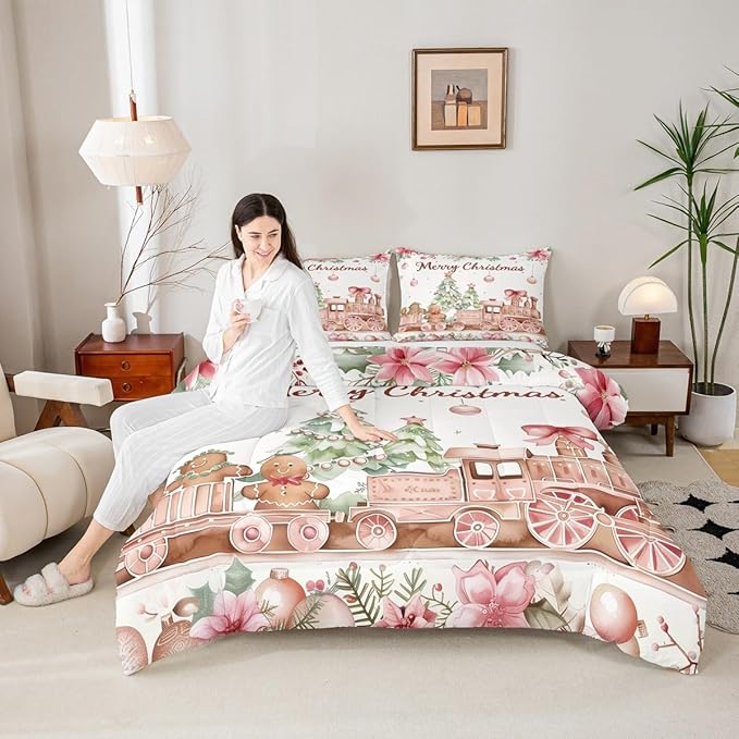 Gingerbread Train Bedding Sets Full Size,Christmas Tree Comforter Set 3Pcs for Kids Girls Boys Women Room Decor,Holly Leaves Flower Quilted Duvet Watercolor Pink Down Comforter,2 Pillowcases