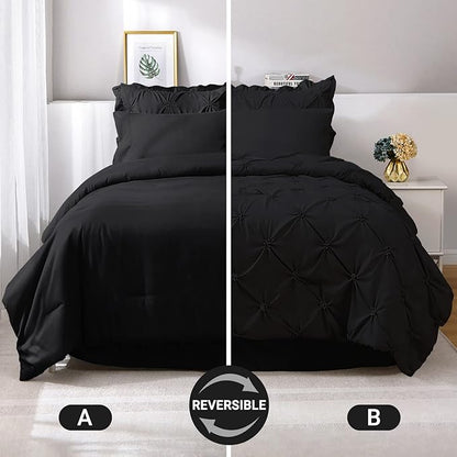 JOLLYVOGUE Black Full Size Comforter Sets 7 Pieces, Pintuck Bed in a Bag Comforter Set for Bedroom, Bedding Comforter Sets with Comforter, Sheets,Ruffled Shams & Pillowcases