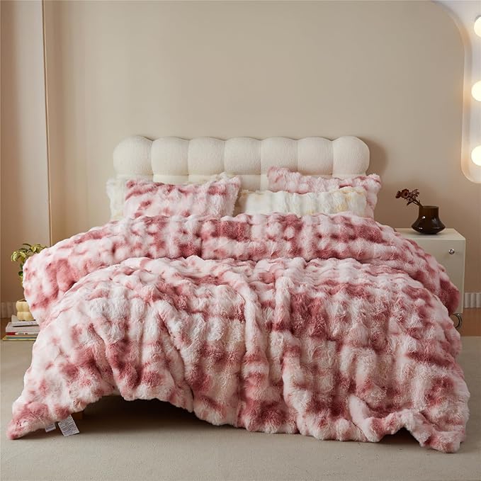 Simple&Opulence Fluffy Faux Fur Comforter Set, Plush Fuzzy Minky Bedding Set, 3 Pieces Warm Soft Comforter Bedding Set for Winter - 1 Shaggy Comforter with 2 Pillow Shams(Queen, Pink)