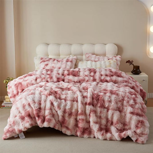 Simple&Opulence Fluffy Faux Fur Comforter Set, Plush Fuzzy Minky Bedding Set, 3 Pieces Warm Soft Comforter Bedding Set for Winter - 1 Shaggy Comforter with 2 Pillow Shams(Queen, Pink)