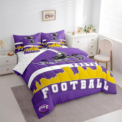 Erosebridal Football 7 Pcs Comforter Set King Football City Bedding for Teens Purple Football Fans Sheet Set Bed in A Bag Rugby Game Room Decor Sports Ball Competition Bed Set