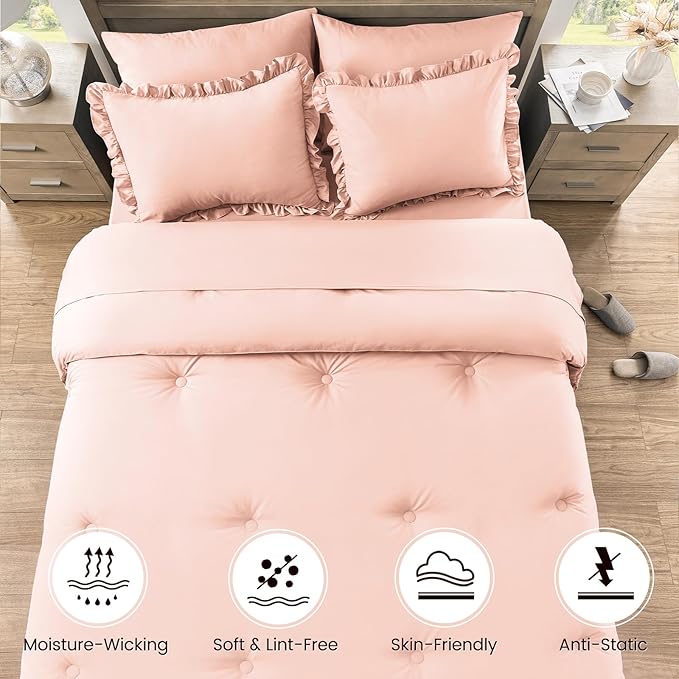 QUIETSEA Twin Bed in a Bag 5 Pieces Comforter Set Twin, Ruffle Shabby Chic Bedding Comforter Set Pink Bed Set with Comforter, Pillowcase, Flat Sheet, Fitted Sheet and Pillow Sham