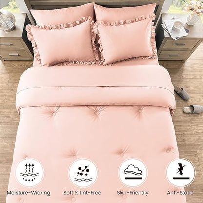 QUIETSEA Queen Bed in a Bag 7 Pieces Comforter Set Queen, Ruffle Shabby Chic Bedding Comforter Set Pink Bed Set with Comforter, Pillowcases, Flat Sheet, Fitted Sheet and Pillow Shams