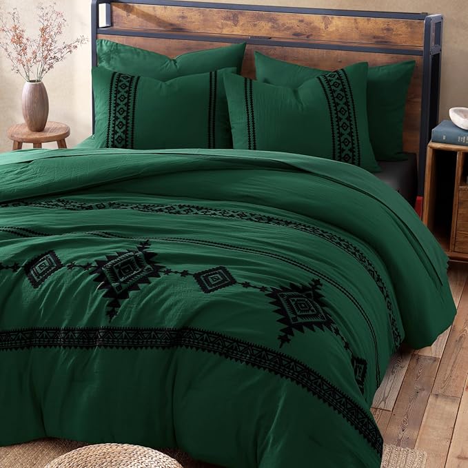 MaiRêve Embroidery Comforter Set, Boho Farmhouse Western Bedding Set, All Season Bed in A Bag Comforter Set with Sheets, Pillowcases & Shams, Emerald Green King 7 Pieces