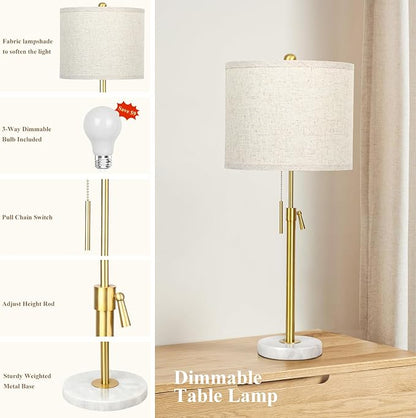 Table Lamps for Bedrooms Set of 2, 22" to 30" Height Adjustable Nightstand Lamps with Linen Shade, Pull Chain Switch Lamps for Living Room, 3 Way Dimmable Beside Lamp
